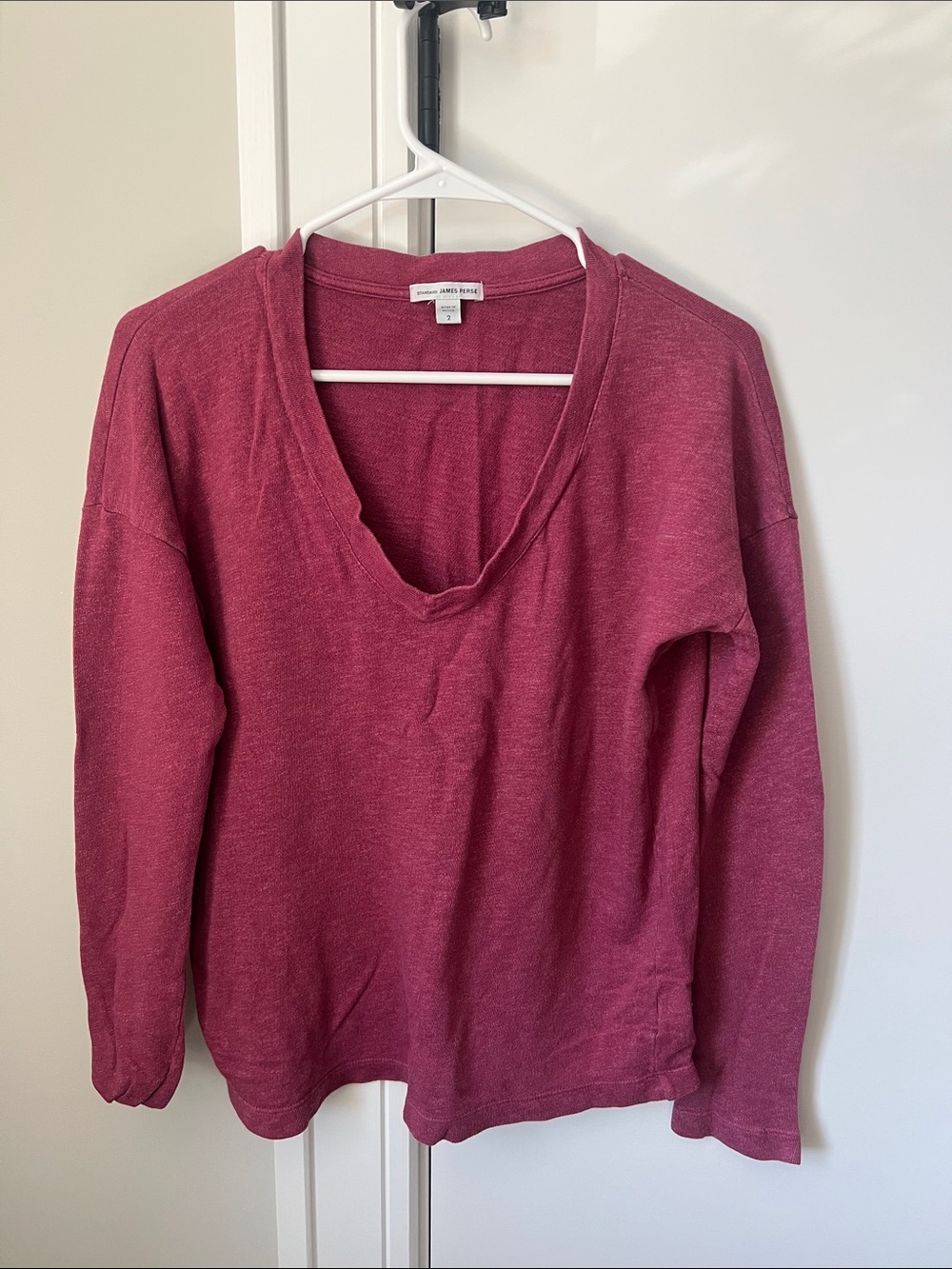 James Perse V-Neck Long Sleeve Sweatshirt in Berry